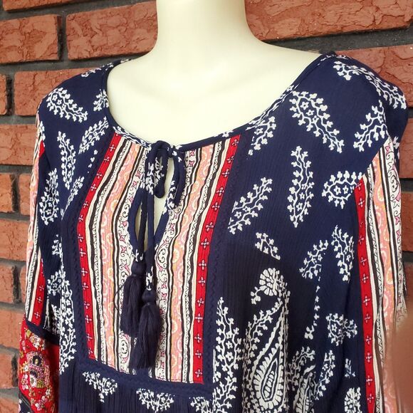 BILA Tunic Top Womens M Blue Red Floral Boho Peasant 3/4 Sleeve Tassel Paisley - Picture 6 of 14